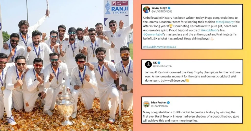 Indian cricket fraternity reacts as Jammu & Kashmir scripts history with maiden Ranji Trophy victory by defeating star-studded Karnataka in final Indian cricket fraternity reacts as Jammu & Kashmir scripts history with maiden Ranji Trophy victory by defeating star-studded Karnataka in final